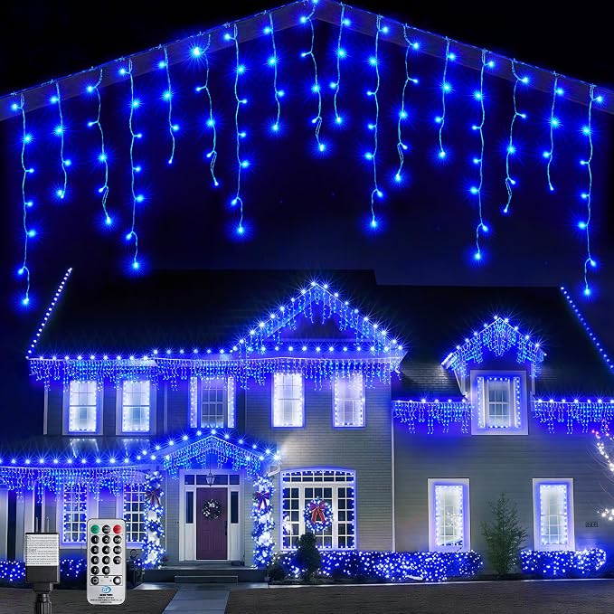 WBao Icicle Lights Outdoor, 432 LED 33FT Christmas Lights With 81 Drops, Remote Control, 3 Timer Settings, 8 Modes, Waterproof, Connectable for Wedding, Holiday Eaves Decor, Blue