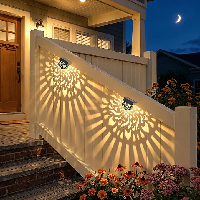 6 Pack Solar Fence Lights Wall lihgts Outdoor Decorations Solar Powered Step Deck Lights Warm Yellow Light Waterproof Decorative Lighting for Garden, Front Door, Backyard