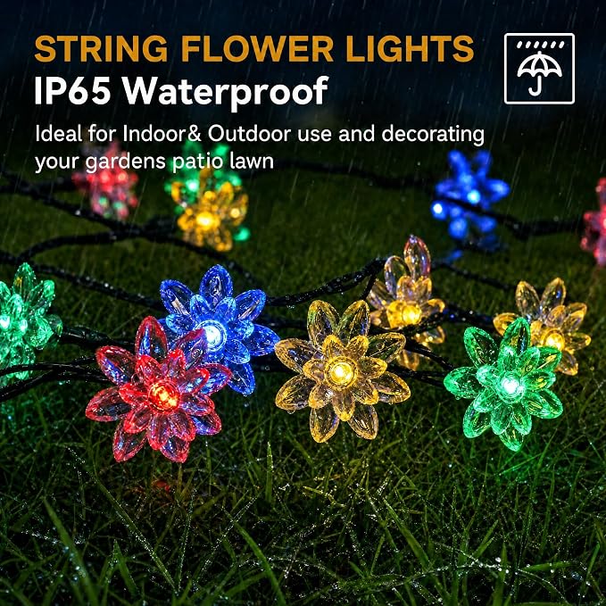 ITICdecor Solar Flower String Lights Outdoor Waterproof 50 LED Solar String Lights for Outside Decorative for Garden Fence Patio Yard Christmas Tree Lawn Party (Multi-Colored)