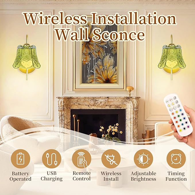 Wireless Wall Sconce with Flower lampshade, Battery Operated Wall Lights,Wall lamp with 15 Colors for Bedroom Living Room Home Decor (Green Flower,2 Light Battery Operated)