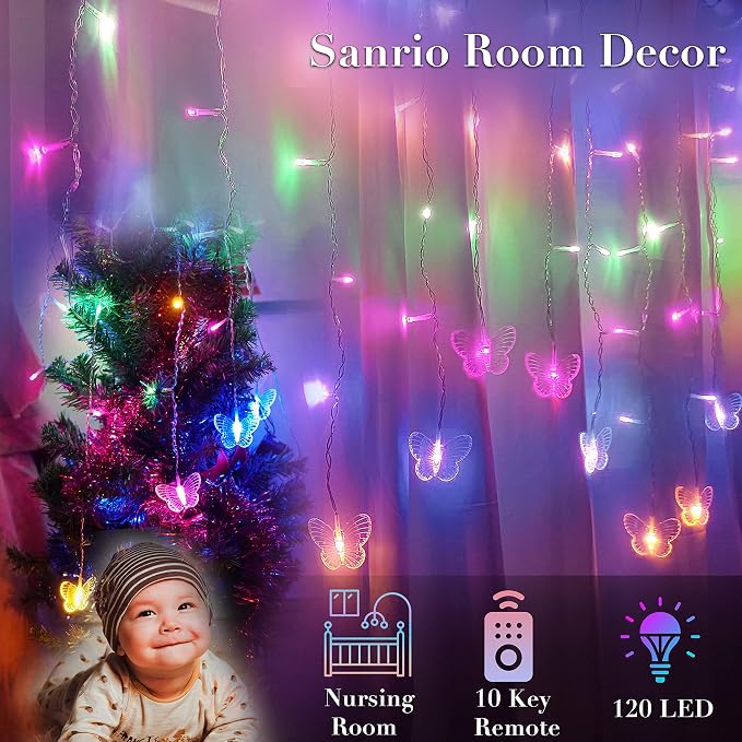 Curtain Butterfly String Light 20Ft 120LED Window USB Fairy Lights 24 Butterfly 8 Modes with Remote Control for Room Bedroom Patio Party Wedding Holiday Christmas Decoration (Pastel)