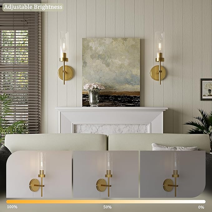 Gold Battery Operated Wall Sconce, Wireless Wall Sconces with Remote Control, Rechargeable 3000K Dimmable Wall Light for Bedroom Living Room Bathroom Hallway Entryway Stairwell