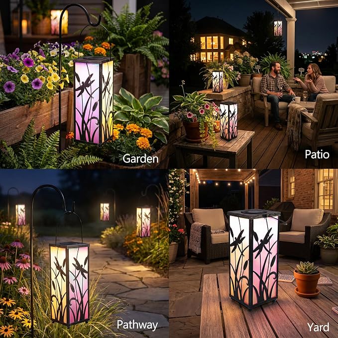 ODEETRONIC Solar Lantern Light, Hanging Dragonfly Lantern with Colorful Film Shade, Metal Solar Tabletop Light Warm White LED Outdoor Garden Lighting Waterproof for Patio Pathway Porch Balcony Decor