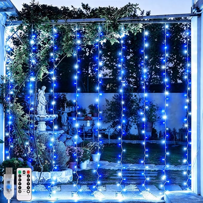 JMEXSUSS 200 LED Blue and White Curtain Lights 8 Modes | Remote Curtain Christmas Lights, USB Christmas String Lights , for for Bedroom, for Christmas, for Party, 6.5ftx6.5ft