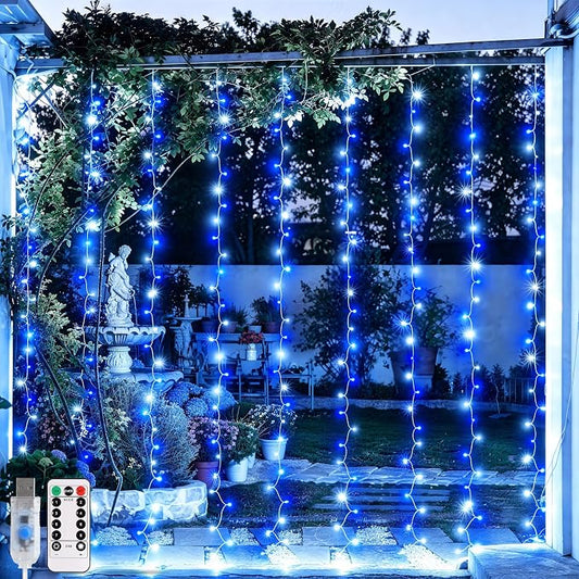 JMEXSUSS 200 LED Blue and White Curtain Lights 8 Modes | Remote Curtain Christmas Lights, USB Christmas String Lights , for for Bedroom, for Christmas, for Party, 6.5ftx6.5ft