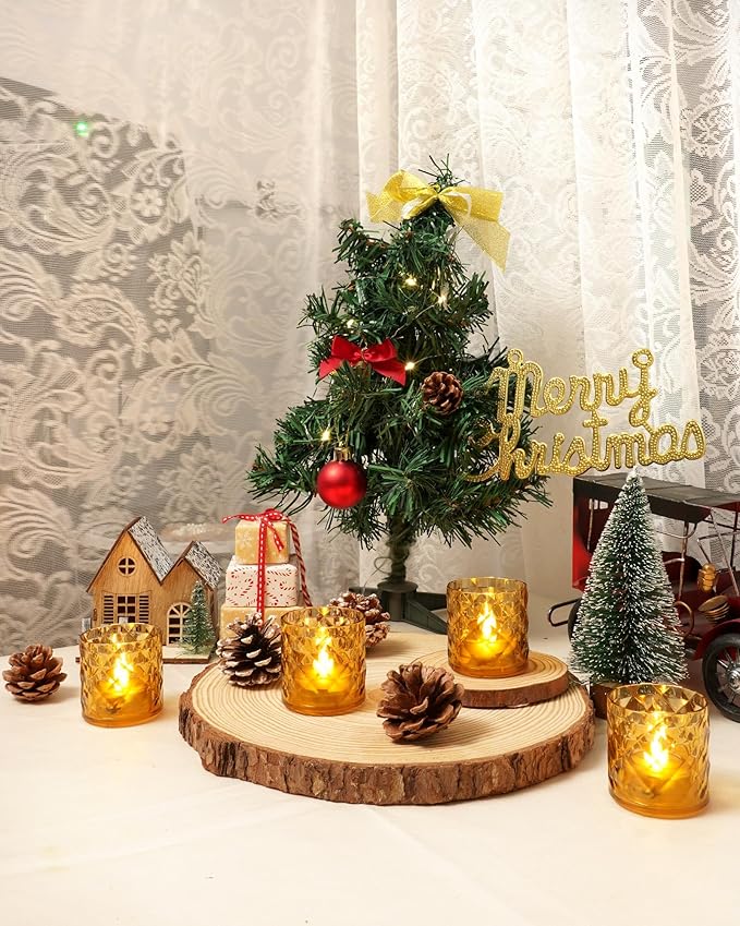 Homemory 2" x 2" Acrylic Votive Candle Holders with Auto Timer Flameless Led Tealight, Battery Powered Fake Electric Candles for Wedding Centerpiece, Table, Christmas Decor (12Pack, Gold Base)