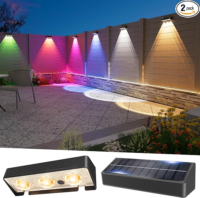 JOFIOS Solar Fence Lights 2 Pack, Warm White, Cool White and RGB Color Glow LED Solar Light, IP65 Waterproof Fence Lights Solar Powered for Patio, Deck and Wall