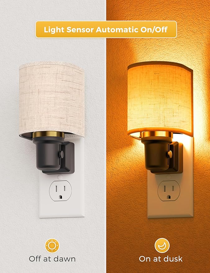 L LOHAS LED Amber Night Lights Plug into Wall, Plug in Night Light Dimmable, Farmhouse Decorative Nightlights Plug in Wall, Light Sensor, Linen Fabric Yellow Nightlight for Bedroom Hallway, 2 Pack
