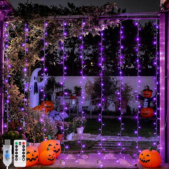 JMEXSUSS 200 LED Purple Halloween Lights, 6.5ft x 6.5ft Halloween Curtain Lights with Remote, 8 Modes USB Purple Curtain String Lights for Bedroom Party Halloween Decorations