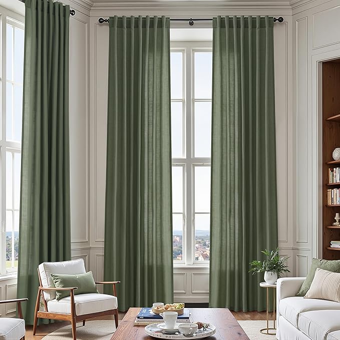 Nanspring 70 Inches Wide Olive Green Linen Curtains for Living Room 2 Panels Set 102 Inch Length Back Tab Light Filtering and Breathability Semi Sheer Curtain for Bedroom 70x102