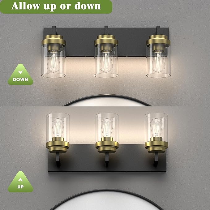 Espird Bathroom Lighting Fixtures, 3-Light Bathroom Vanity Lights Over Mirror, Black and Gold Vanity Light with Glass Shade, Modern Vanity Lighting Fixtures for Bathroom, Bedroom, Hallway