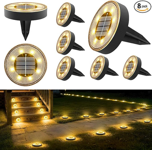 Joomer 2-in-1 Solar Lights Outdoor Waterproof, 8 Pack 8 LED, Warm White | Solar Powered Garden Lights Ground Disc Landscape Lighting for Patio Pathway Lawn Yard Driveway Walkway Deck Step