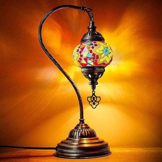 Turkish Moroccan Mosaic Table Lamp - Tiffany Handmade Colorful Mosaic Lamp, Decorative Glass Antique Bohemian Vintage Lamp Shade, Swan Neck Bedside and Table Desk Lamp,15 ½ inch