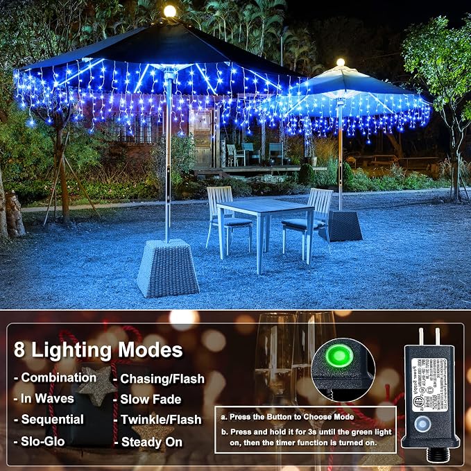 Icicle Christmas Lights Outdoor - 98FT 1216 LED Icicle Lights for Outside with 8 Modes Timer, 228 Drops Waterproof Hanging String Lights Indoor for House Holiday Party Wedding Decorations, Blue