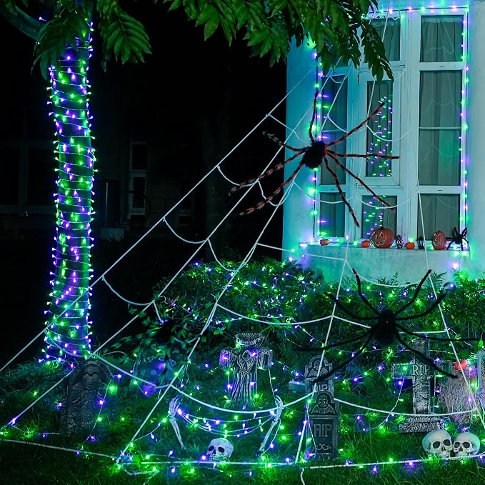 JMEXSUSS 2 Pack Purple and Green Halloween Lights, Total 200 LED 8 Modes Halloween String Lights Plug in, Each 33ft Connectable Christmas Lights Indoor Outdoor for Tree Porch Fireplace Decor