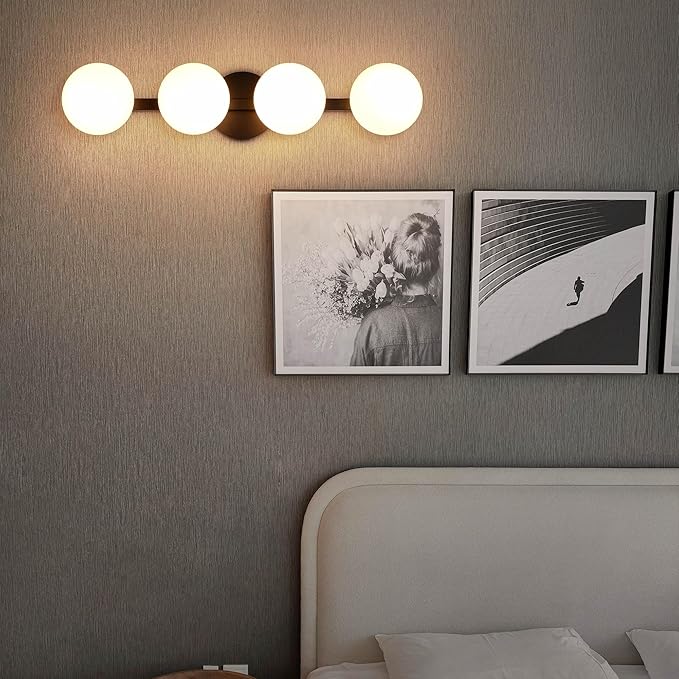 Black Bathroom Vanity Light Fixtures, Modern 4 Lights Matte Black Globe Wall Sconce Lighting, Porch Wall Mount Light Fixture for Bathroom, Mirror Cabinets Hallway Stairs