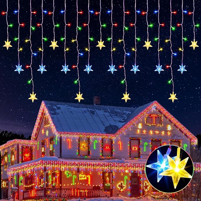 oopswow 200 LED Icicle Christmas Lights with Star,16.5FT Curtain Fairy Lights 40 Drops 8 Modes with Timer, Star Christmas Lights for Backdrop,Wedding,Patio,Christmas Decorations,Multicolor