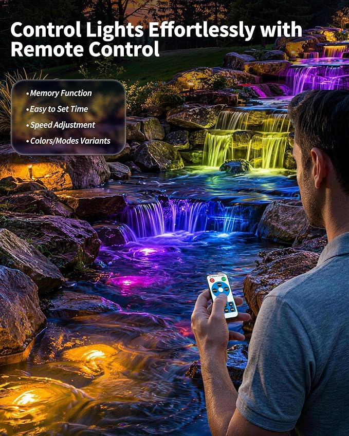 POPOSOAP 4W Solar Pond Lights with Remote Control, RGB Multi-Color Underwater Solar Lights with Timer & Memory Function for Pond, Fountain, Pool, Garden, Aquarium(3 Headlamp)-P64WC