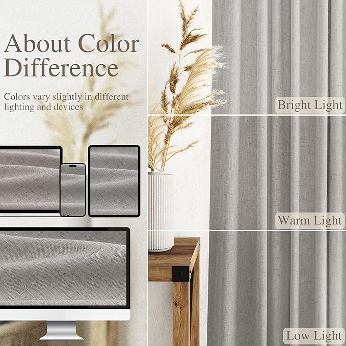 Nanspring Light Gray Linen Curtains for Living Room 84 Inches Long 2 Panels Set Rod Pocket Back Tab Simple Modern Light Filtering Boho Coastal Room Decor Grey Sheer Curtain for Bedroom 52x84