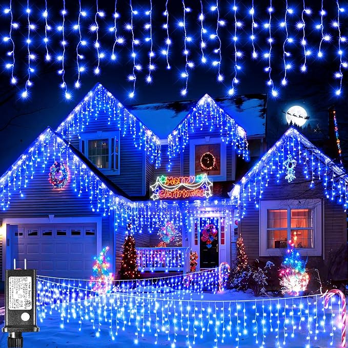 Icicle Christmas Lights Outdoor - 98FT 1216 LED Icicle Lights for Outside with 8 Modes Timer, 228 Drops Waterproof Hanging String Lights Indoor for House Holiday Party Wedding Decorations, Blue