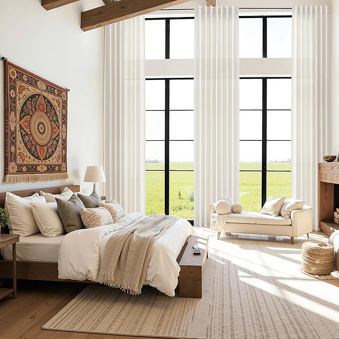 Nanspring Natural Linen Curtains for Living Room 132 Inches Long Back Tab Light Filtering Semi Sheer Curtain Rustic Farmhouse Decor Long Floor to Ceiling High Window for Bedroom 52x132, 2 Panels
