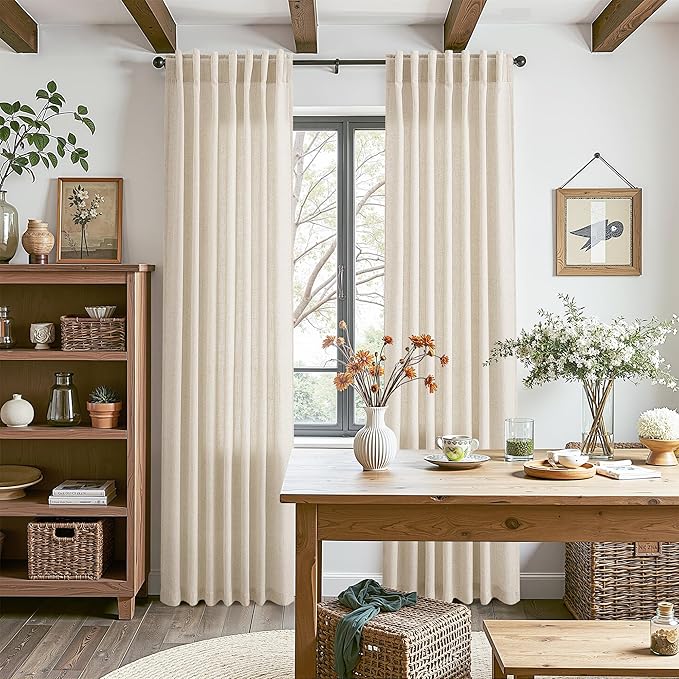 Nanspring Modern Farmhouse Decor Curtains 96 Inches Long for Living Room Linen Cream Beige Luxury Light Filtering Semi Sheer Curtain Back Tab Coastal Drapes for Bedroom Office 52x96, 2 Panels