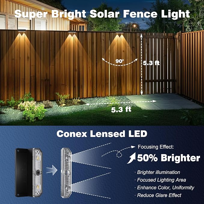 Peasur Solar Fence Lights Outdoor 6 Pack, Deck Light Solar Powered, Waterproof LED Step Lights for Railing Yard Patio Outside, Warm White