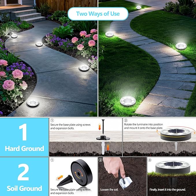 Joomer 2-in-1 Solar Lights Outdoor Waterproof Solar Powered Ground Lights | 4 Pack 8 LED Solar Garden Lights Disc Landscape Lighting for Patio Pathway Lawn Yard Driveway Walkway (White)