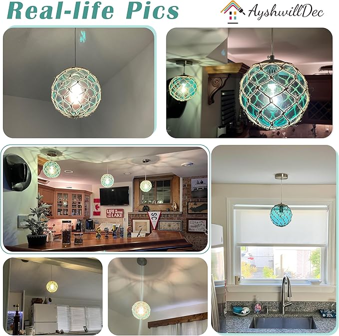 3 Pack 6" Blue Coastal Pendant Light Kitchen Island,Glass Globe Ocean Ceiling Light Fixture Beach House,Dimmable Hemp Rope Light Fixture Hanging For Bathroom Living Room Farmhouse Bedroom(Bulb Incl.