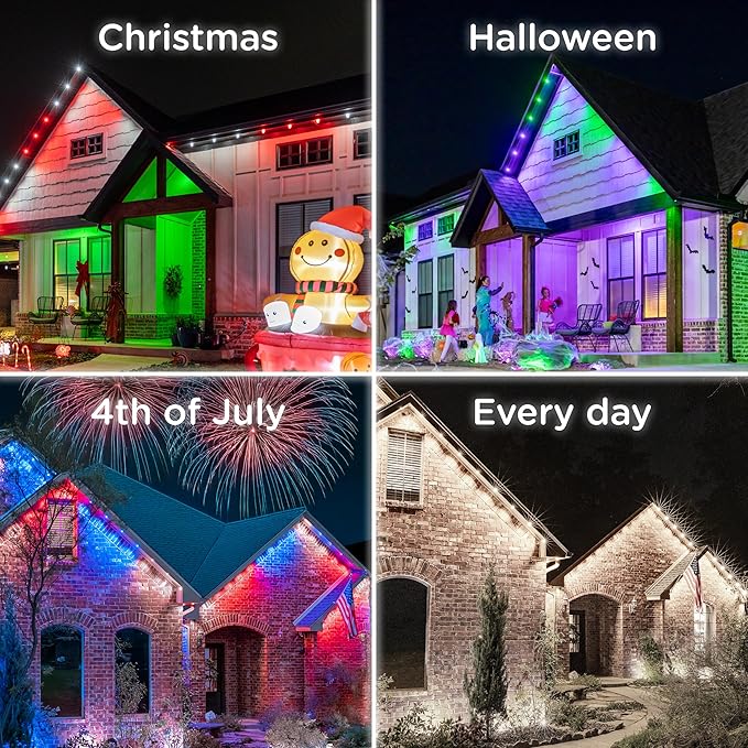 Enbrighten Vibe Eternity Permanent Outdoor Lights for House, 150ft, 108 RGBWIC LEDs, Close Spacing, 33lm, Color Changing, Christmas, Eave Lighting, Smart App, Works with Alexa, Google Home, 85103