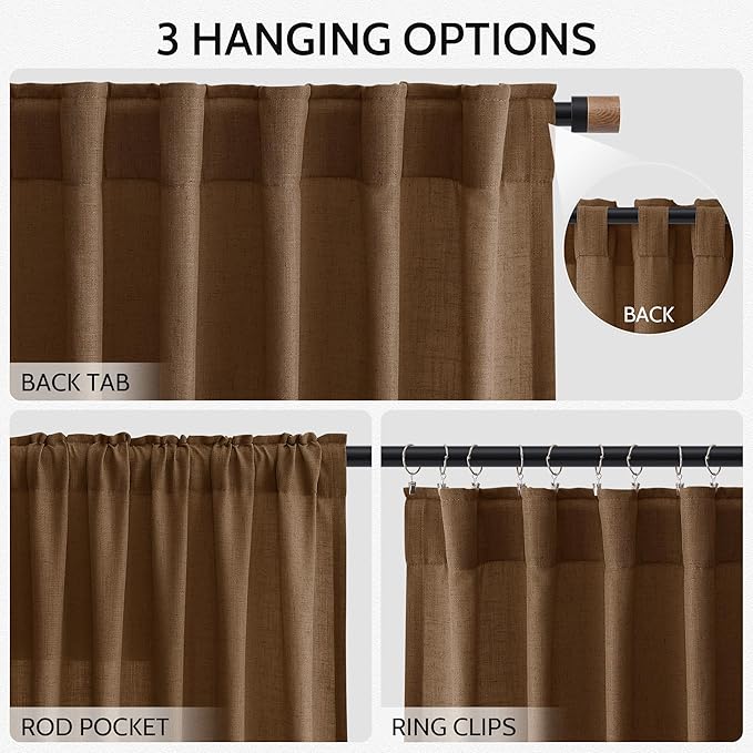 Nanspring Tobacco Brown Linen Curtains 84 Inches Long for Living Room Back Tab Luxury Light Filtering Privacy Semi Sheer Curtain Farmhouse Decor Boho Textured Drapes for Bedroom 52x84,2 Panels