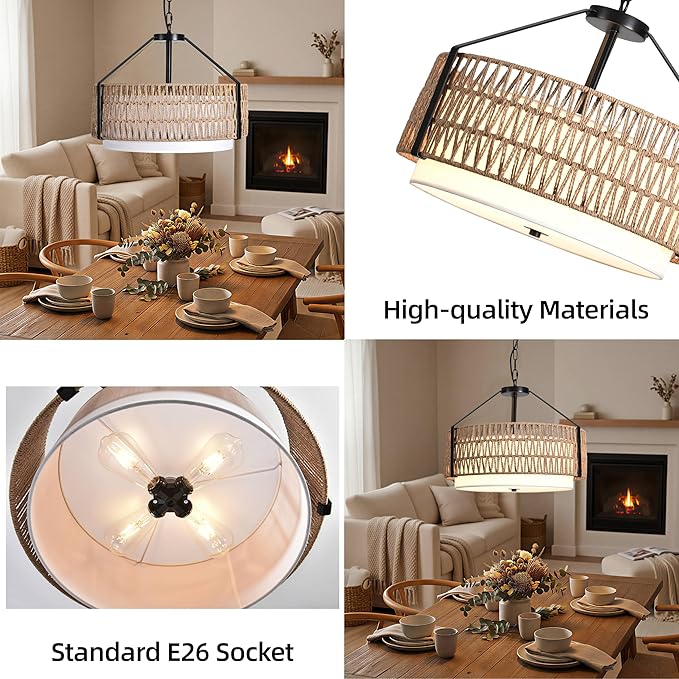 4-Light Boho Light Fixtures 19.7" Rattan Pendant Light Rustic Farmhouse Chandelier for Dining Flush Mount Ceiling Hanging Light Fixture for Hallway Entryway Kitchen Island