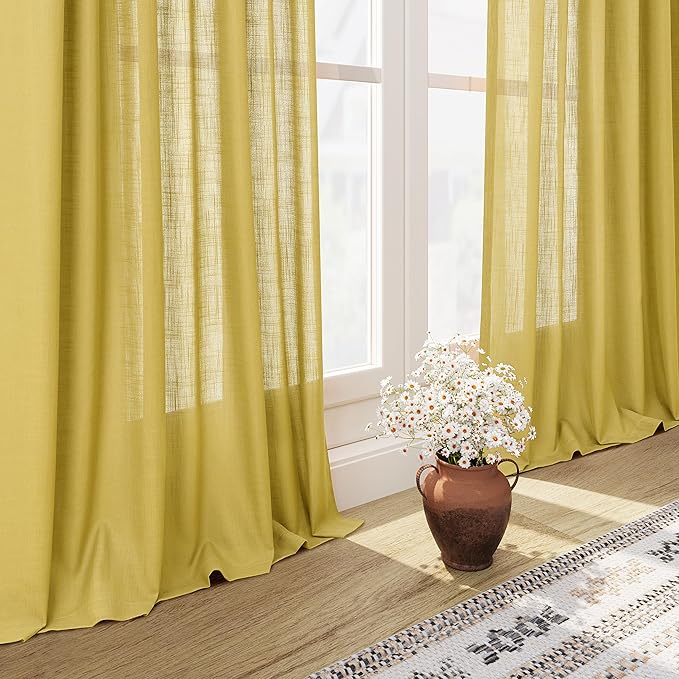 Nanspring Celery Yellow Linen Curtains 108 Inches Long 2 Panels Set Back Tab Loop Pocket Light Filtering Semi Sheer Boho Large Window Decor for High Ceiling Living Room 52x108