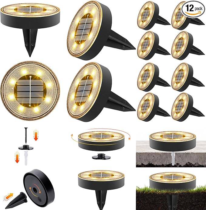Joomer 2-in-1 Solar Lights Outdoor Waterproof, 12 Pack 8 LED, Warm White | Solar Powered Garden Lights Ground Disc Landscape Lighting for Patio Pathway Lawn Yard Driveway Walkway Deck Step