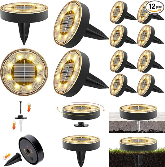 Joomer 2-in-1 Solar Lights Outdoor Waterproof, 12 Pack 8 LED, Warm White | Solar Powered Garden Lights Ground Disc Landscape Lighting for Patio Pathway Lawn Yard Driveway Walkway Deck Step
