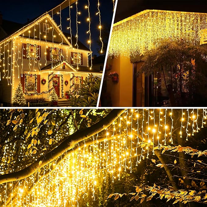 kemooie Outdoor Curtain Lights, 400 LED 26.2 x 3.3 FT Waterproof String Lights with 8 Modes, Fairy Curtain Lights for Backdrop Wedding Bedroom Balcony Party Decorations, Warm White