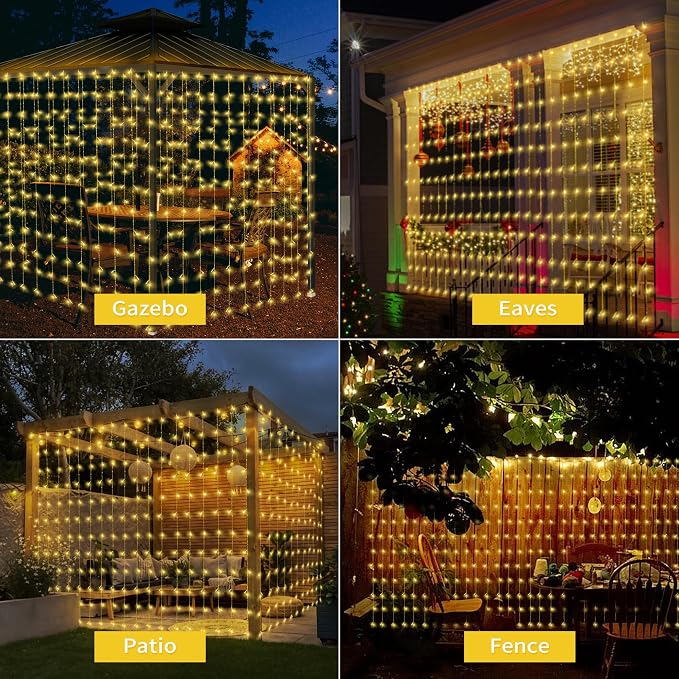 32.8 * 6.56FT Large Size Solar Curtain Lights Outdoor, 8 Modes Outdoor Curtain String Light, Solar Garden Christmas Lights Decortions for Patio, Gazebo, Eaves, Fence, Tree, Porch (Warm White)