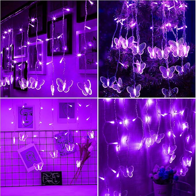 Curtain Butterfly String Light 20Ft 120LED Window USB Fairy Lights 24 Butterfly 8 Modes with Remote Control for Room Bedroom Patio Party Wedding Holiday Christmas Decoration (Purple)