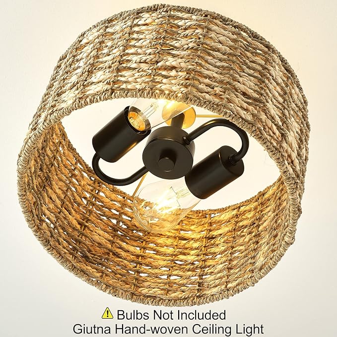 13"Rattan Ceiling Light Fixture Flush Mount, 2-Light Boho Rattan Hand-Woven Ceiling Light Fixtures Drum Wicker Chandelier Light Fixture for Dining Room Bedroom Living Room Hallway Foyer Kitchen