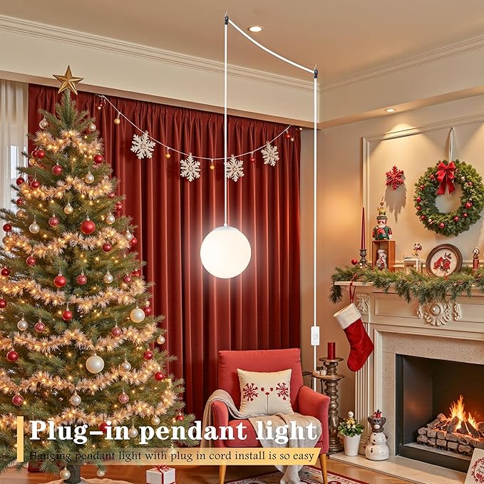 KoKo&Yukina 8" Globe Pendant Light White Plug in Pendant Light Adjustable Hanging Lights with Plug in Cord Matte White Finished with Milk Glass Lampshade for Bedroom Kitchen Island (Bulb Included)