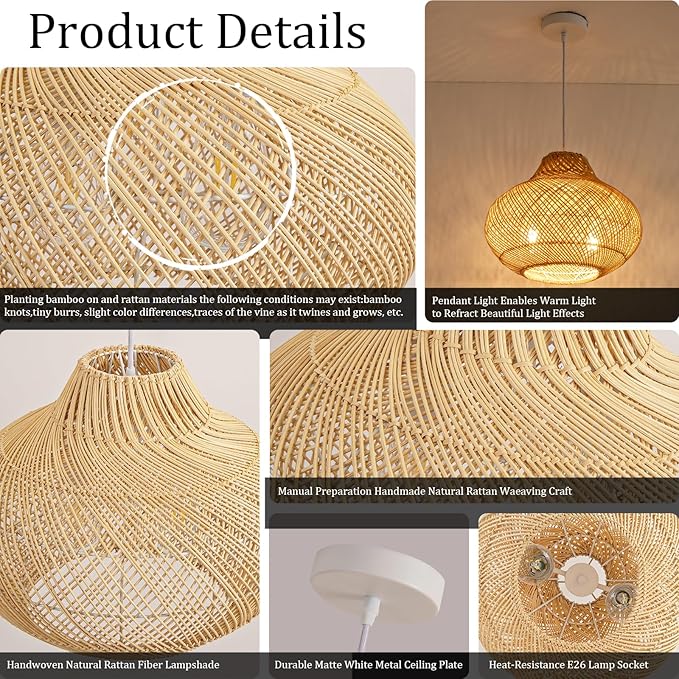 2-Light Rattan Pendant Light,14.96" Hanging Light,Round Wicker Pendant Light Hand-Woven Rattan Chandelier for Workplace Dining Living Bedroom Kitchen Farmhouse 1-Pack