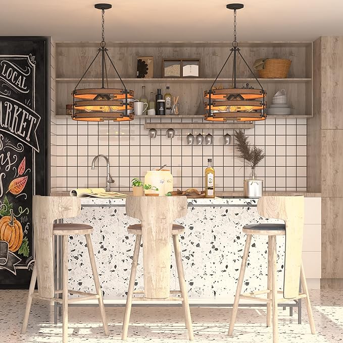 Inlight 18" Rustic and Industrial Design Farmhouse 3-Light Pendant for Kitchen Island, Textured Black and Faux Weathered Wood Finish, Metal Circular Hanging Chandelier for Foyer, IN-0335-3-WD