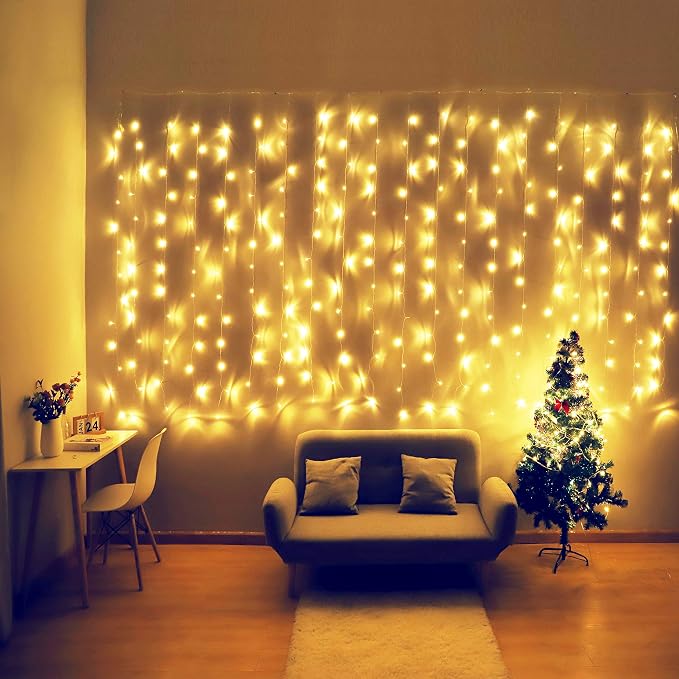 HEYFUNi Curtain Lights,13ftx6.5ft Safety Window Curtain Icicle String Lights 30V 8 Modes for Christmas Wedding Party Family Patio Lawn Decoration(Warm White)