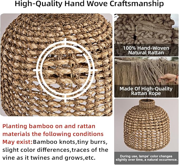 Rattan Pendant Light Fixtures,13.78" Boho Seagrass Pendant Light,1-Pack Hand Woven Water Plants Rattan Chandelier for Dining Living Bedroom Kitchen Farmhouse