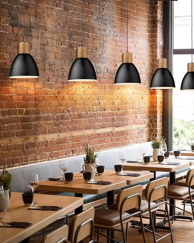 ELYONA 3 Pack Hammered Pendant Lights for Kitchen Island 7” Small Metal Solid Wood Hanging Light Fixtures Adjustable Height Farmhouse Pendant Lighting for Dining Room Bedroom Bar Office, Modern Black