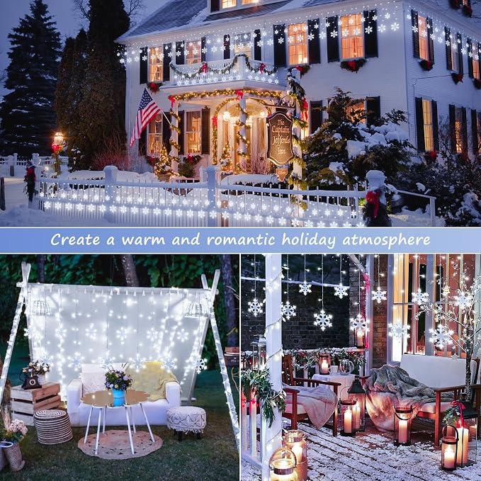Christmas Snowflake Icicle Lights,6.5ft 144LED Curtain Lights Outdoor with 12 Drops, 8 Modes Waterproof Connectable Fairy Light for Eaves, Garden, Yard, Indoor Outdoor Xmas Decor (White)
