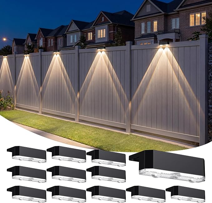 Peasur 12 Pack Solar Fence Lights Outdoor, Deck Light Solar Powered, IP65 Waterproof Led Riling Solar Lights for Outside Step Yard, Warm White