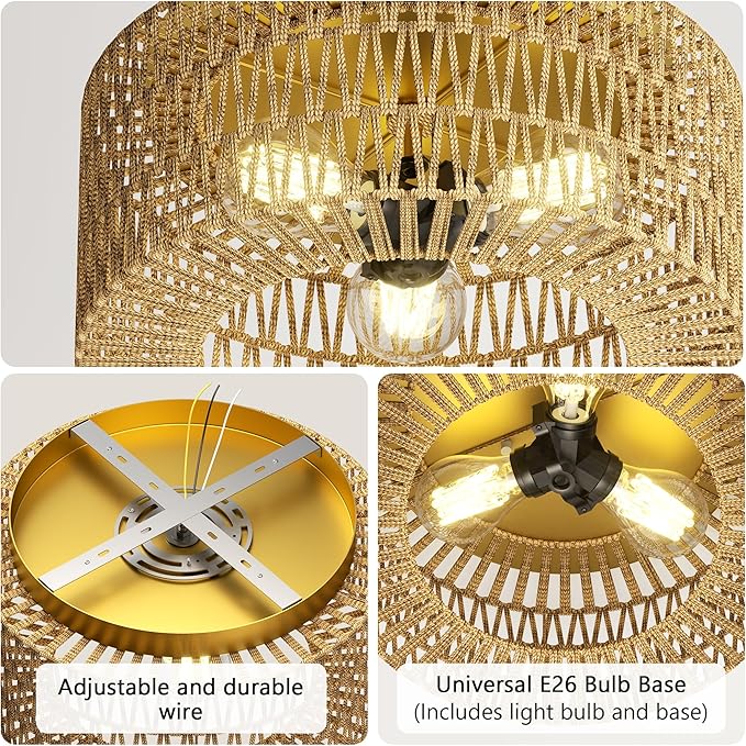ROOMTEC 12.4" Rattan Flush Mount Ceiling Light, 3-Light Ceiling Fixture with Bulbs Included, Boho Woven Natural Fiber Dining Room Light for Bedroom Living Room Kitchen