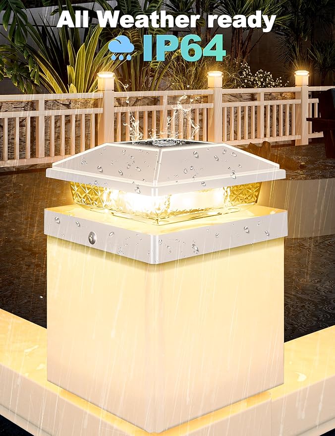 VOLISUN 4x4 Solar Fence - Post Lights 12pack, Post Cap Light Outdoor Waterproof, Whtie Deck Cap Light Solar Powered with Warm White,for 4x4 Wooden/4x4 or 5x5 Vinyl