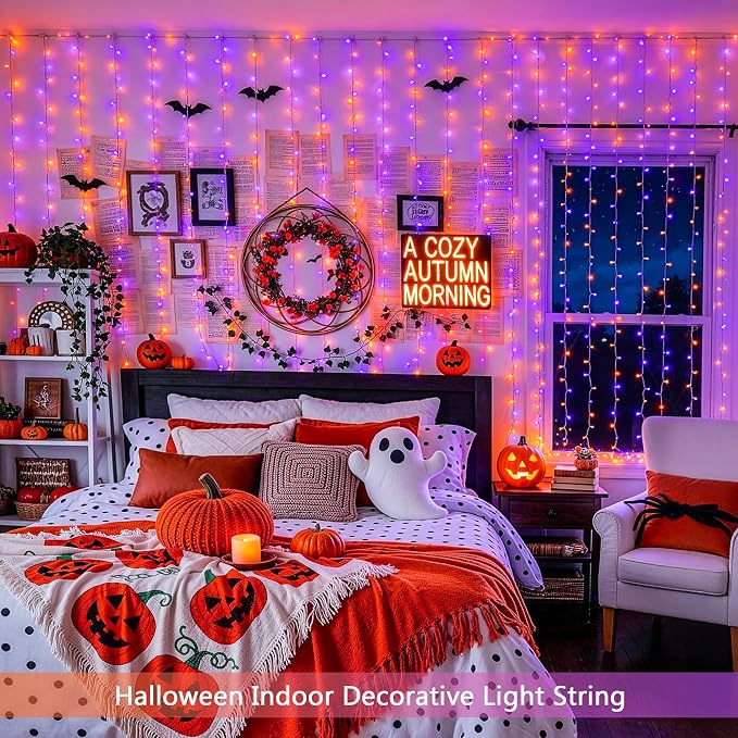 JMEXSUSS 200 LED Orange and Purple Halloween Lights, 8 Modes Curtain Halloween Lights with Remote, USB Curtain String Lights Plug in for Party Bedroom Window Halloween Decorations